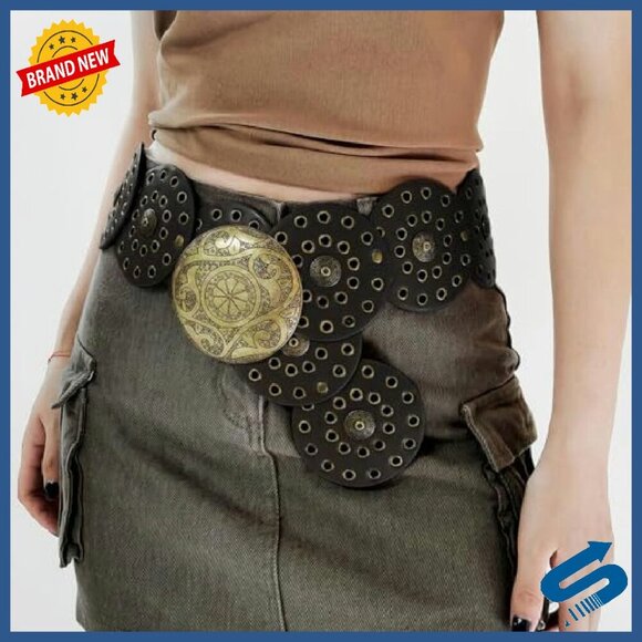 Wide Disc Leather Belt Vintage Western Style Adjustable Women\'s Waist Belt main image 4